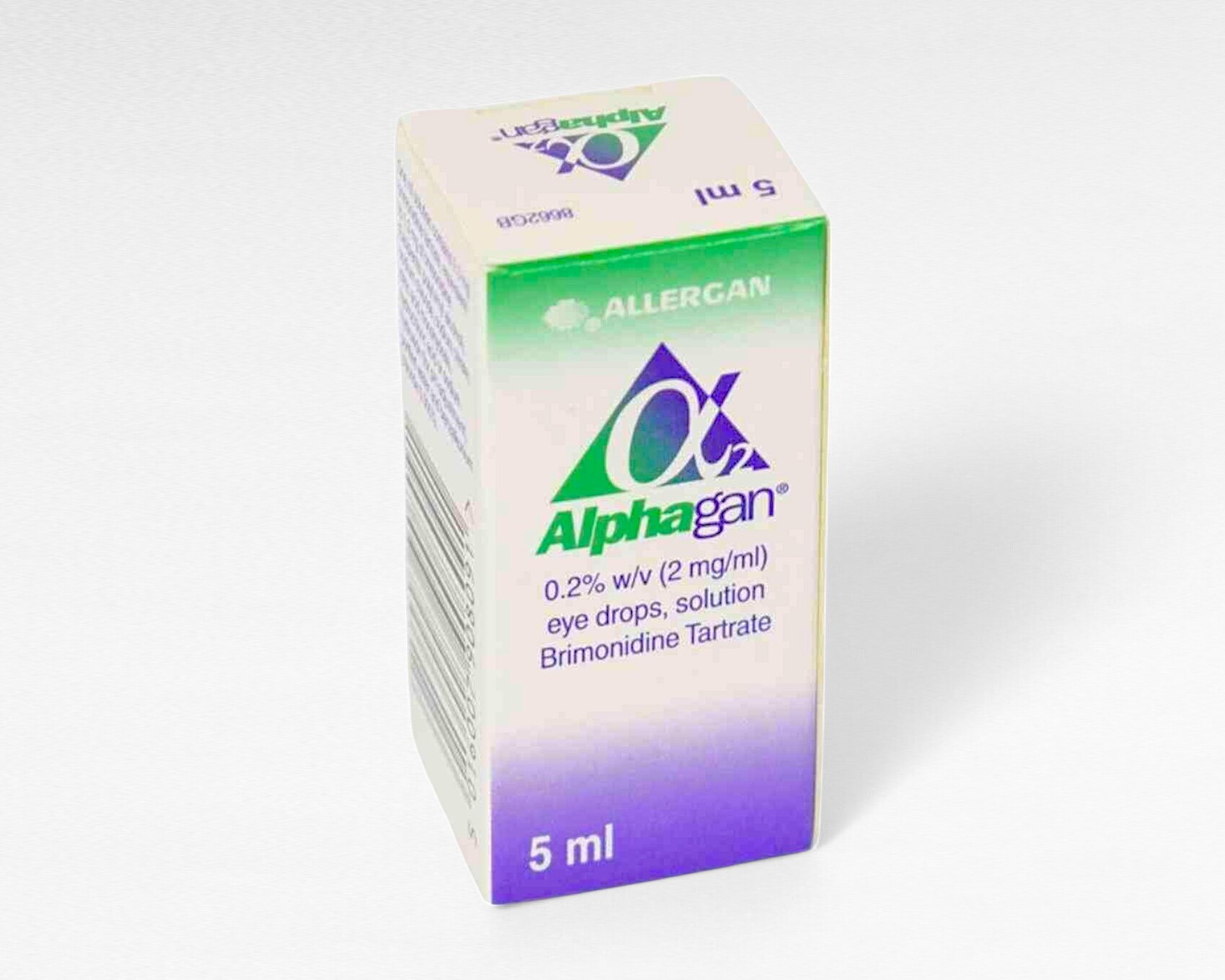 알파간 점안액 0. 2% 5ml 정품 상자와 브리모니딘 성분 표시